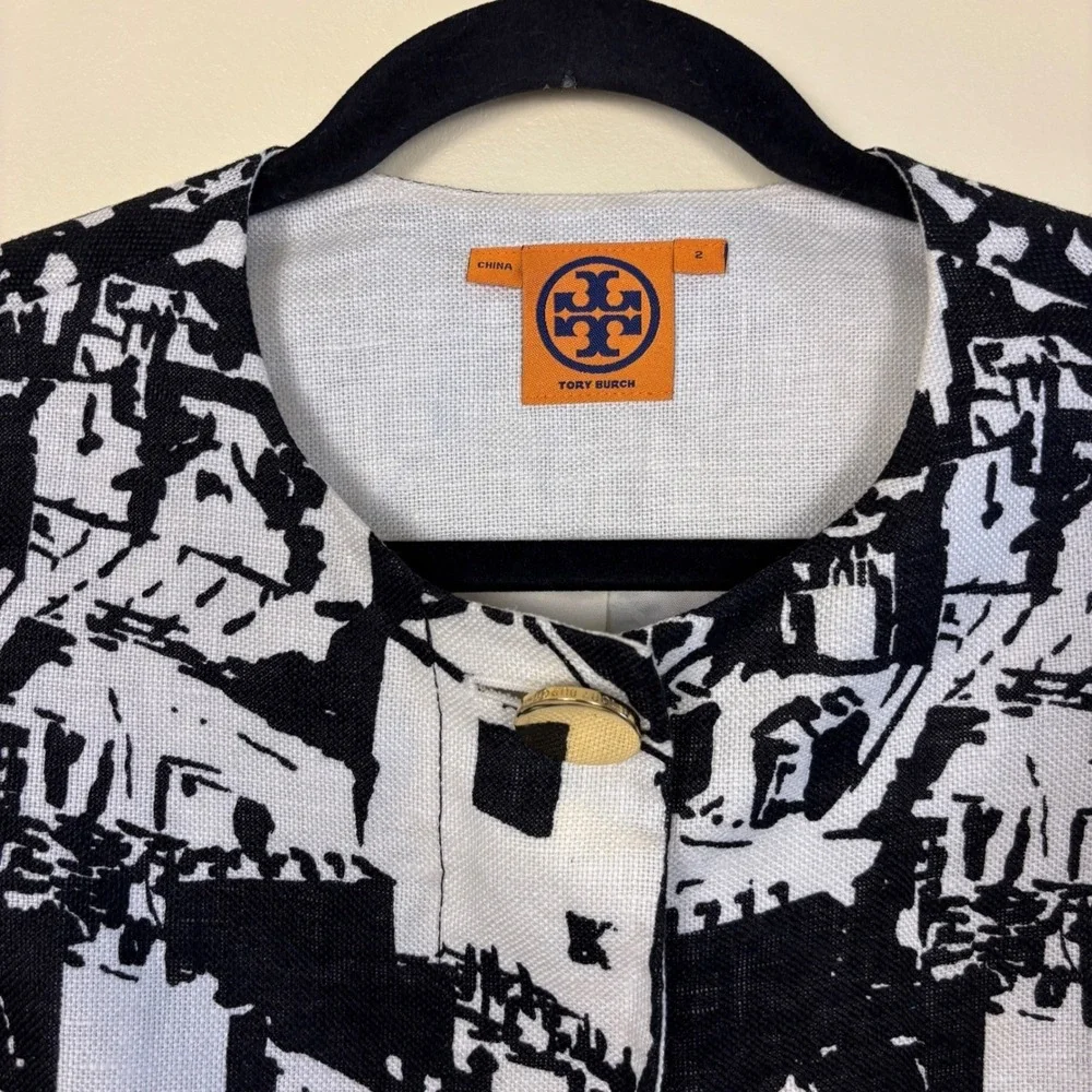 TORY BURCH‎ 100% Linen Jacquard Jacket Black/White Women Size 2 Front Zip Casual